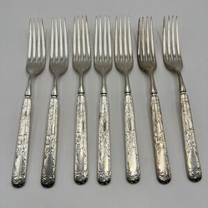 1835 R Wallace Silver Plated Dinner Fork Set Of 7 Floral Design Early 1900s